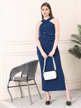Exude Runway-Ready Long Skirt with Halter Top (Royal Blue)
